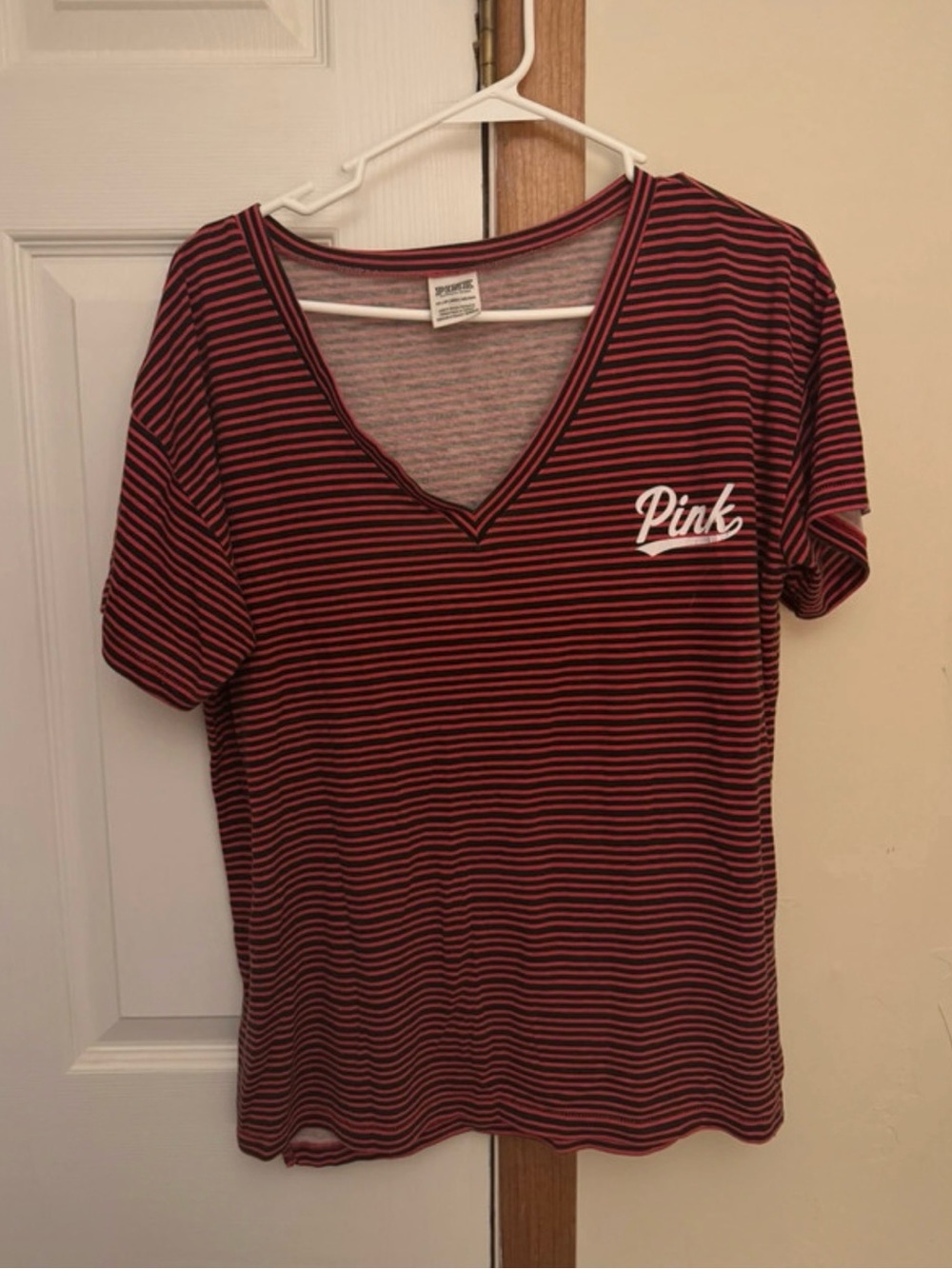 PINK Victoria's Secret Maroon & Black Striped V-Neck Tee